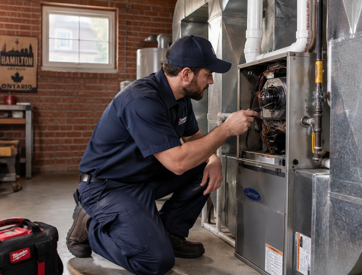 TSSA certified technician repairing a furnace in a Hamilton, Ontario brick home basement